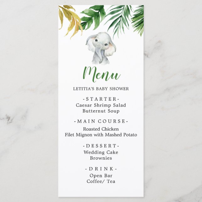 Tropical Elephant Boy Baby Shower Menu Sign (Front)