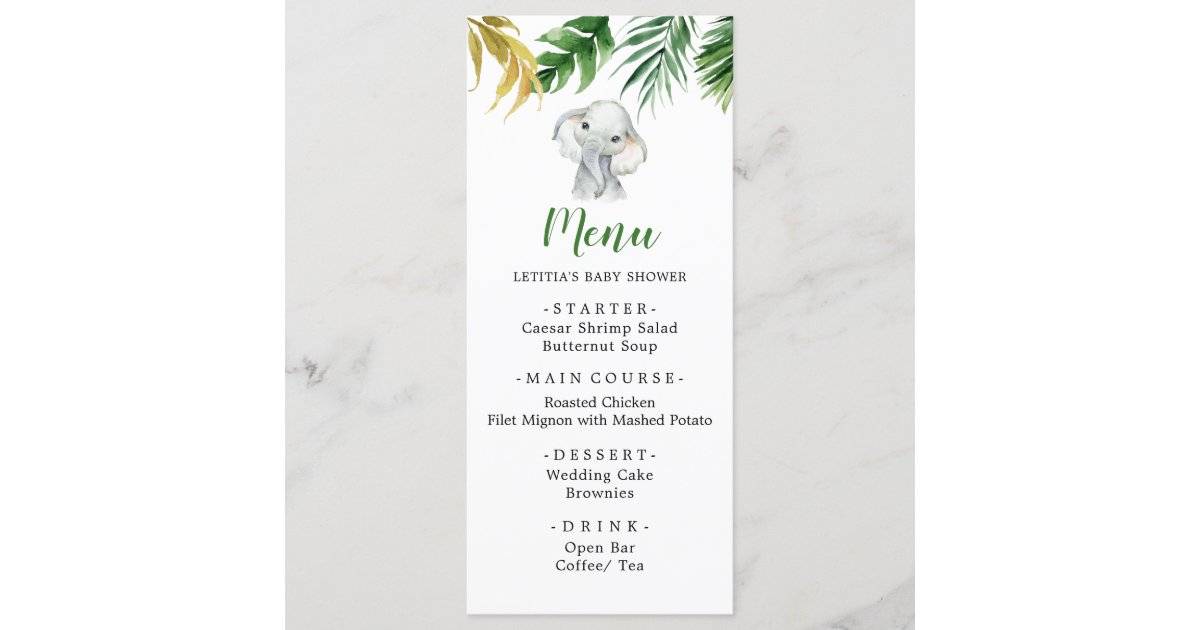 Tropical Elephant Boy Baby Shower Menu Sign