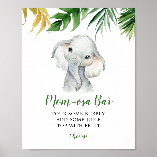 Tropical Elephant Boy Baby Shower Mom-osa Bar Poster (Front)