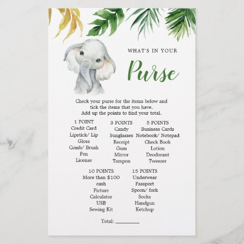 Tropical Elephant Boy Baby Shower Purse Game