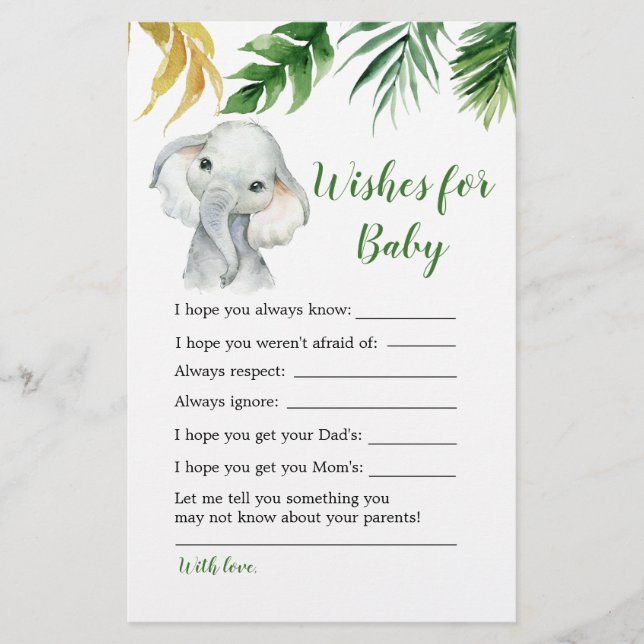 Tropical Elephant Boy Baby Shower Wishes for Baby (Front)