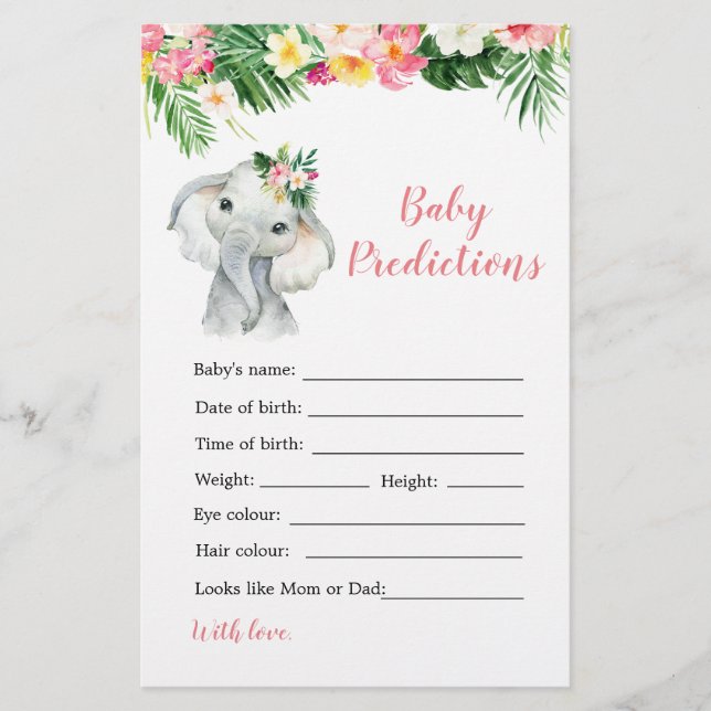 Tropical Elephant Girl Baby Shower Baby Prediction (Front)