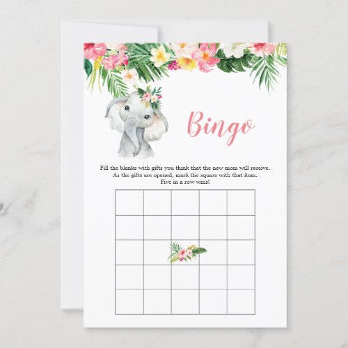 Tropical Elephant Girl Baby Shower Bingo Game Invitation
