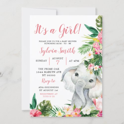 Tropical Elephant Girl Baby Shower Invitation