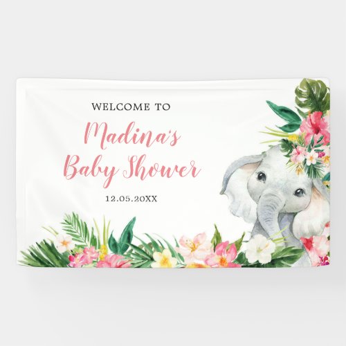 Tropical Elephant Girl Baby Shower Large Banner