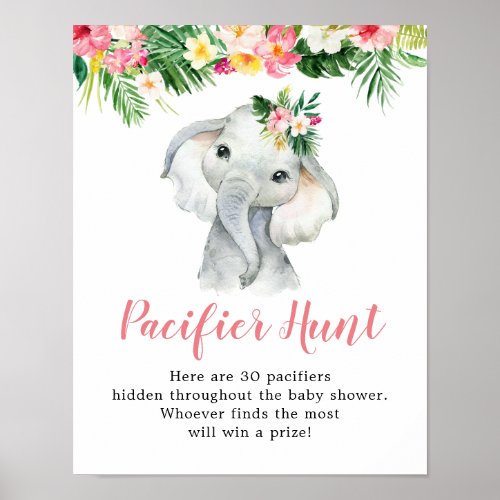 Tropical Elephant Girl Baby Shower Pacifier Hunt Poster
