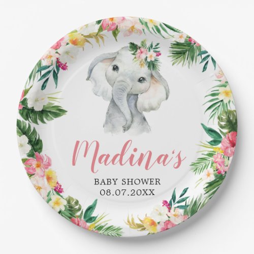 Tropical Elephant Girl Baby Shower Paper Plate