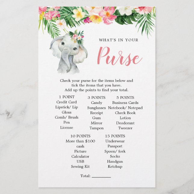 Tropical Elephant Girl Baby Shower Purse Game (Front)