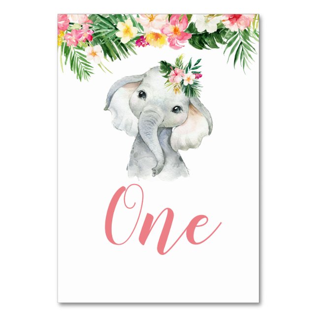 Tropical Elephant Girl Baby Shower Table Number (Front)