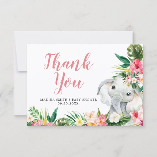 Tropical Elephant Girl Baby Shower Thank You Card