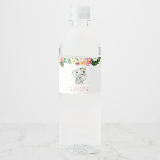 Tropical Elephant Girl Baby Shower Water Bottle Label (Front)