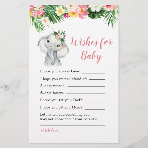Tropical Elephant Girl Baby Shower Wishes for Baby