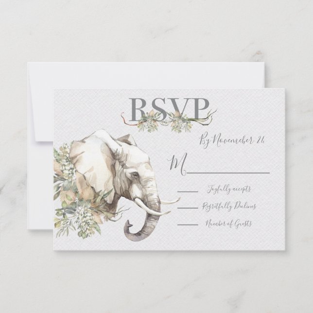Tropical Elephant Wedding response cards RSVP (Front)