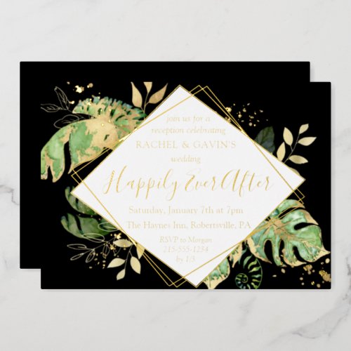 Tropical Elopement Wedding Reception Black  Gold Foil Invitation