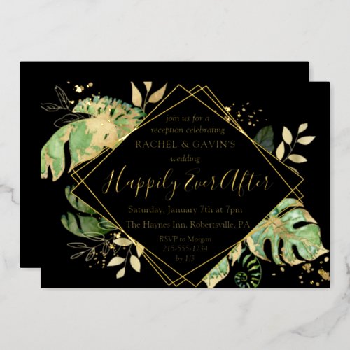 Tropical Elopement Wedding Reception Black  Gold  Foil Invitation