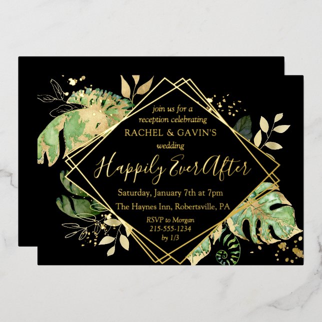 Tropical Elopement Wedding Reception Black & Gold  Foil Invitation (Front/Back)