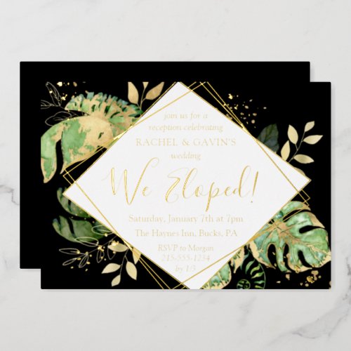 Tropical Elopement Wedding Reception Black  Gold Foil Invitation