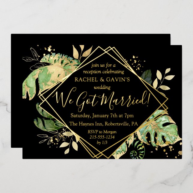 Tropical Elopement Wedding Reception Black & Gold  Foil Invitation (Front/Back)