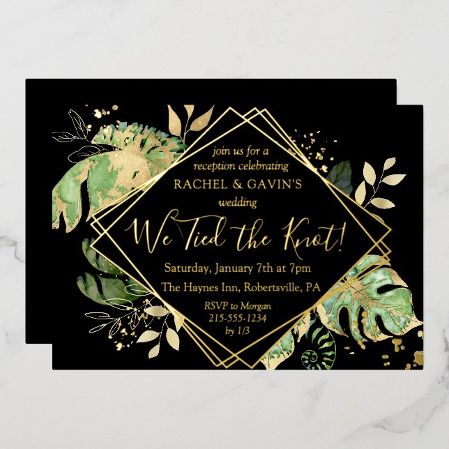 Tropical Elopement Wedding Reception Black & Gold  Foil Invitation (Front/Back)
