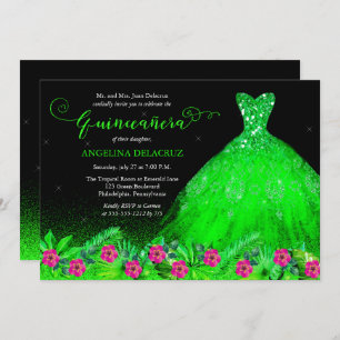 Tropical Emerald Green Spanish Gown Quinceañera Invitation