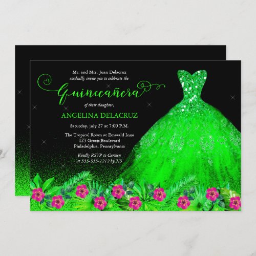 Tropical Emerald Green Spanish Gown Quinceaera  Invitation