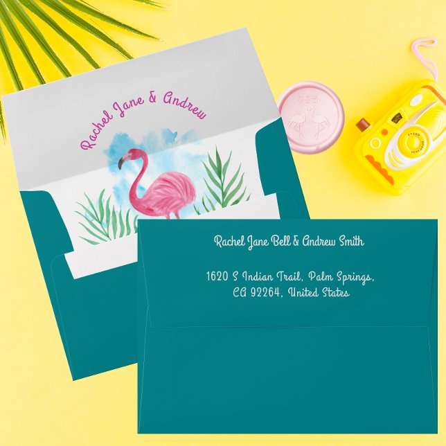 Tropical Emerald Watercolor Flamingo Palm wedding  Envelope (tropical Bold Flamingo 
Wedding envelope)