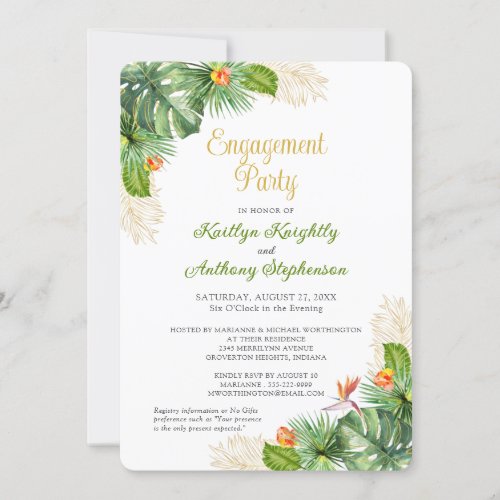 Tropical Engagement Party Floral Gold Watercolor Invitation