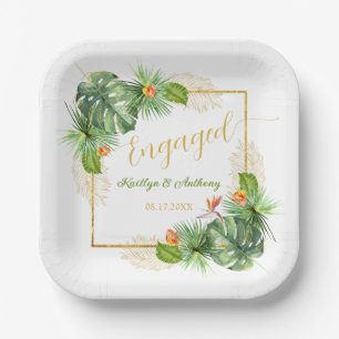 Tropical Engagement Party Watercolor Palm Floral Paper Plates