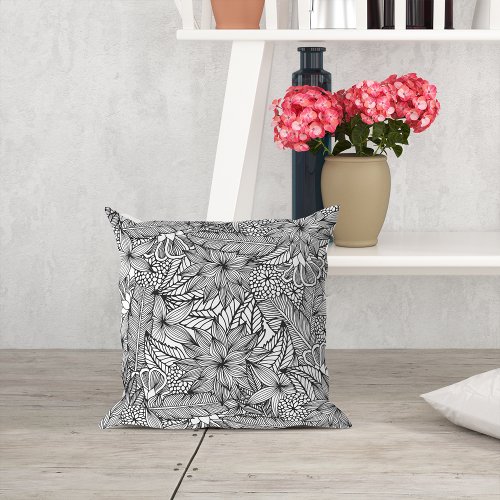 Tropical Escape Black and White Coloring Throw Pillow