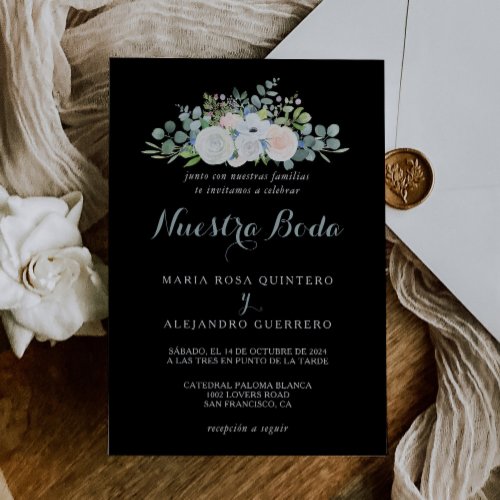 Tropical Eucalyptus Greenery Black Spanish Wedding Invitation