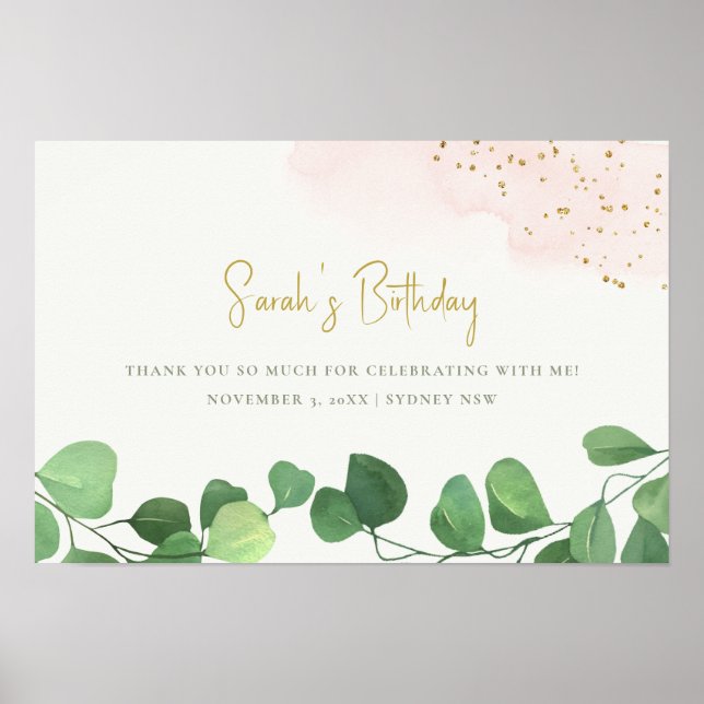 Tropical Eucalyptus Pink Gold Botanical Birthday Poster (Front)