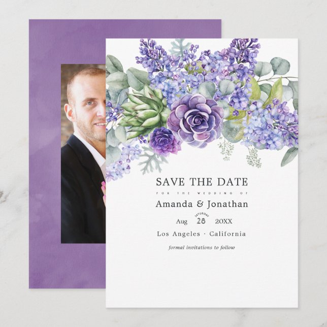 Tropical Eucalyptus Succulents Wedding Photo Save The Date (Front/Back)