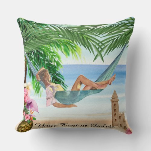  Tropical Exotic  Beach Woman Hammock AR29  Throw Pillow