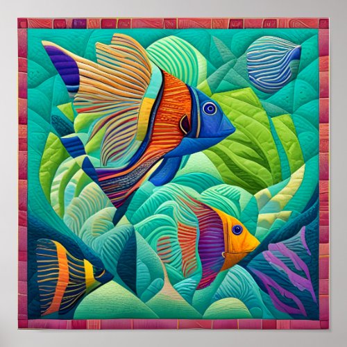 Tropical Exotic Fish in Mint Green Quilt Block Poster