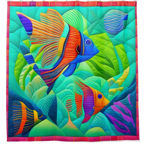 Tropical Exotic Fish in Mint Green Quilt Block Shower Curtain