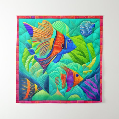 Tropical Exotic Fish in Mint Green Quilt Block Tapestry