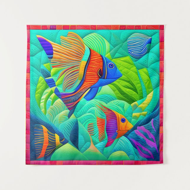 Tropical Exotic Fish in Mint Green Quilt Block Tapestry (Front)