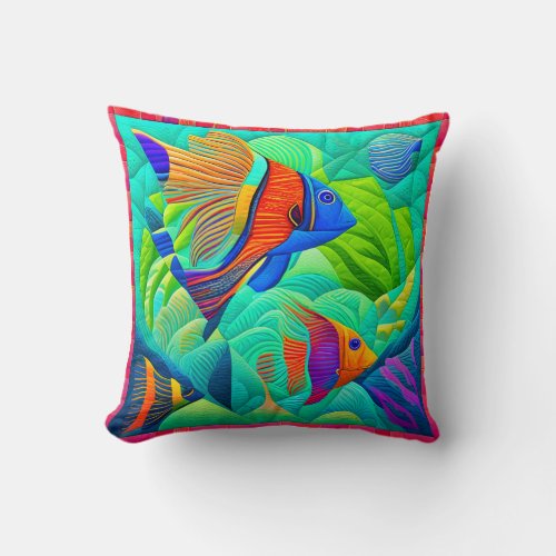 Tropical Exotic Fish in Mint Green Quilt Block Throw Pillow