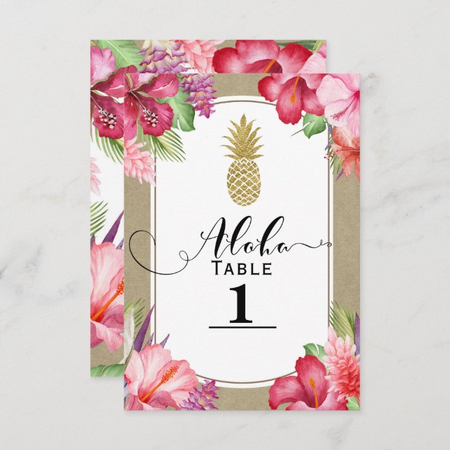 Tropical Exotic Floral Gold Pineapple Table Number (Front/Back)