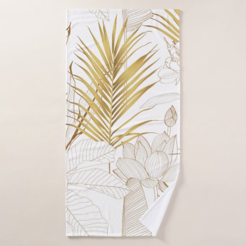 Tropical exotic floral line golden palm leaves and bath towel