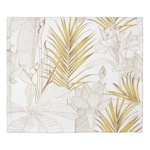 Tropical exotic floral line golden palm leaves and duvet cover