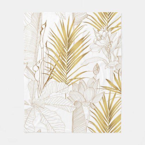 Tropical exotic floral line golden palm leaves and fleece blanket