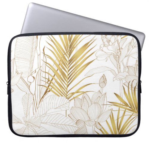 Tropical exotic floral line golden palm leaves and laptop sleeve