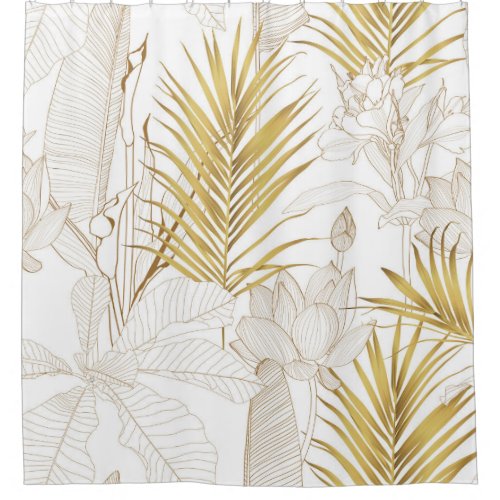 Tropical exotic floral line golden palm leaves and shower curtain
