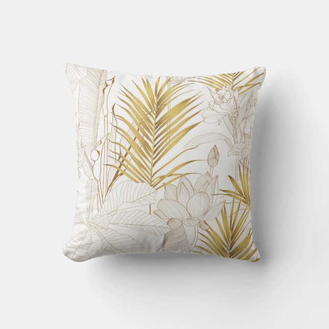 Tropical exotic floral line golden palm leaves and throw pillow (Front)
