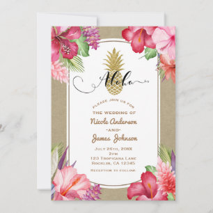 Tropical Exotic Flowers Gold Pineapple Aloha luau Invitation