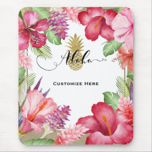 Tropical Exotic Flowers & Gold Pineapple Aloha Mouse Pad