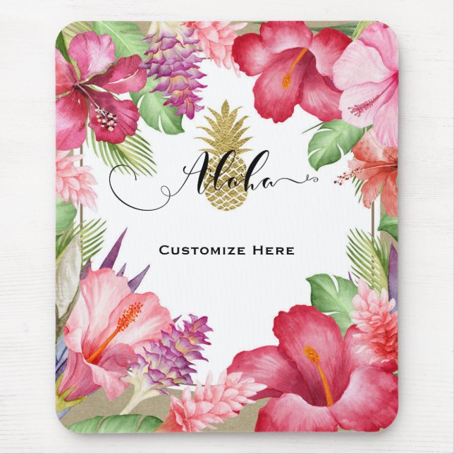 Tropical Exotic Flowers & Gold Pineapple Aloha Mouse Pad (Front)
