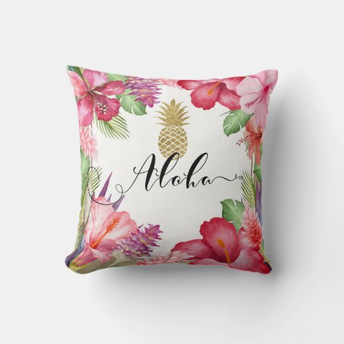 Tropical Exotic Flowers  Gold Pineapple Aloha Throw Pillow