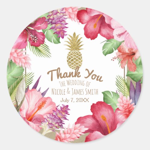 Tropical Exotic Flowers  Gold Pineapple Elegant Classic Round Sticker